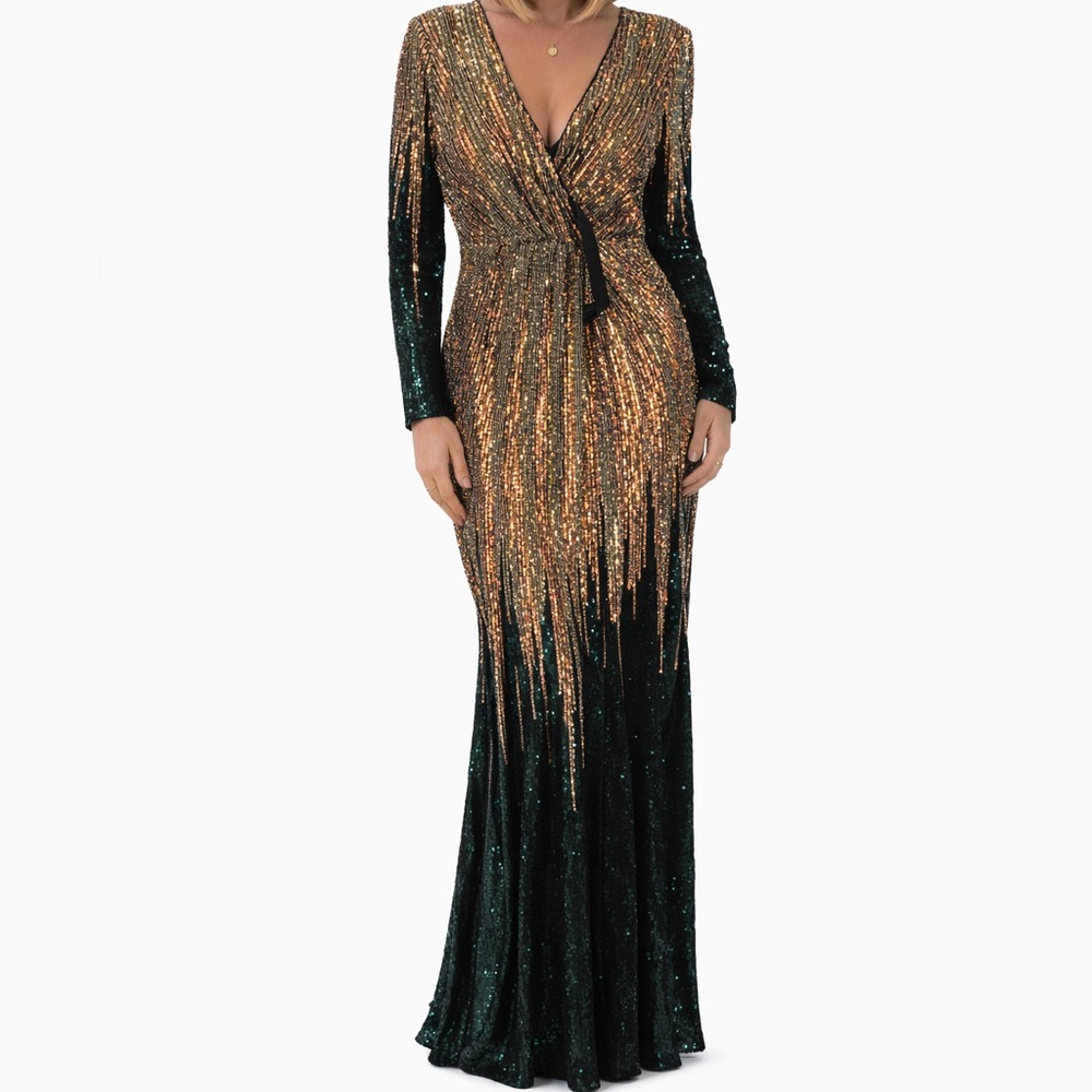 ✨ Sequin Ombre Evening Gown – Long Sleeve Maxi Dress ✨ Gold | Green